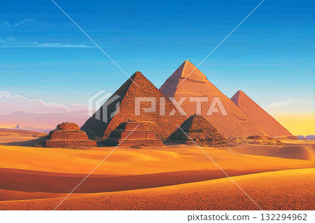 Ancient Egyptian Pyramids Standing Majestically Under Dramatic Sky in the Sahara Desert Landscape Ancient Egyptian Pyramids Standing Majestically Under Dramatic Sky in the Sahara Desert Landscape 132294962