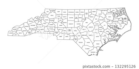 State of North Carolina, subdivided into 100 counties, outline map, with county names and borders. State in the Southeastern region of the United States, nicknamed The Tar Heel State. Vector State of North Carolina, subdivided into 100 counties, outline map, with county names and borders. State in the Southeastern region of the United States, nicknamed The Tar Heel State. Vector 132295126