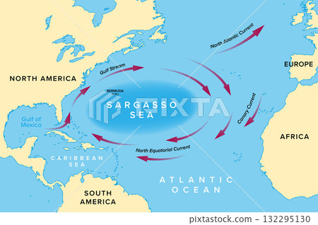 Sargasso Sea, region of the Atlantic Ocean, map. Sea without land boundaries, an ocean gyre, formed and bounded by Gulf Stream, North Atlantic Current, Canary Current, and North Equatorial Current. 132295130