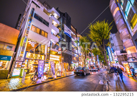 Tokyo cityscape in Japan: A town filled with atmosphere. A view of Kagurazaka at night, with light rain "dancing" 132295215