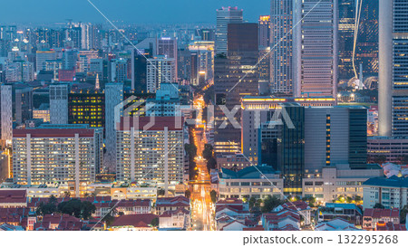 Aerial view of Chinatown and Downtown of Singapore day to night timelapse 132295268