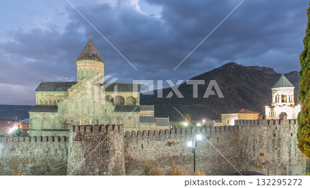 The Svetitskhoveli Cathedral aerial day to night timelapse. Mtskheta, Georgia 132295272