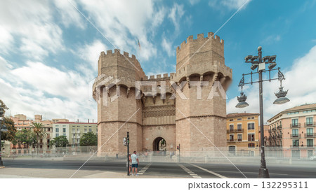 Serrans Towers or Torres de Serranos timelapse hyperlapse in Valencia, Spain. 132295311