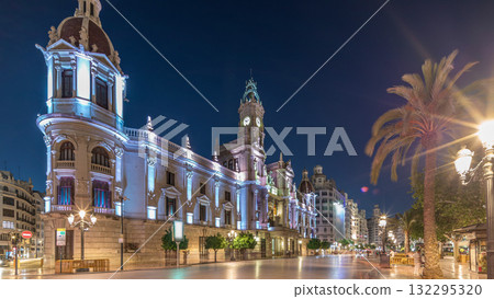 Valencia City Hall or Ajuntament de Valencia day to night timelapse hyperlapse in Plaza de Ayuntamiento. Spain Valencia City Hall or Ajuntament de Valencia day to night timelapse hyperlapse in Plaza de Ayuntamiento. Spain 132295320