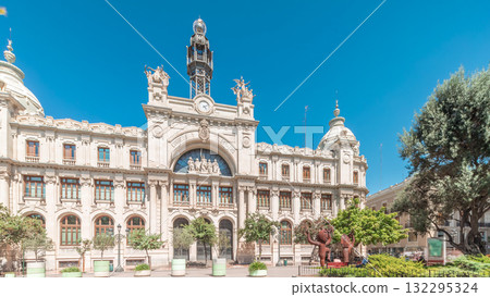 Historic Post Office in Valencia timelapse panorama at City Hall Square. Spain Historic Post Office in Valencia timelapse panorama at City Hall Square. Spain 132295324