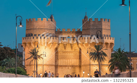 Serrans Towers or Torres de Serranos day to night timelapse in Valencia, Spain. 132295325
