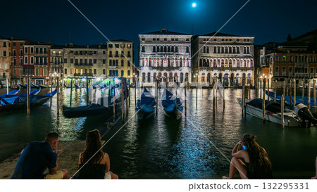 The magnificent Palazzo Balbi overlooking the Grand Canal in Venice night timelapse. 132295331
