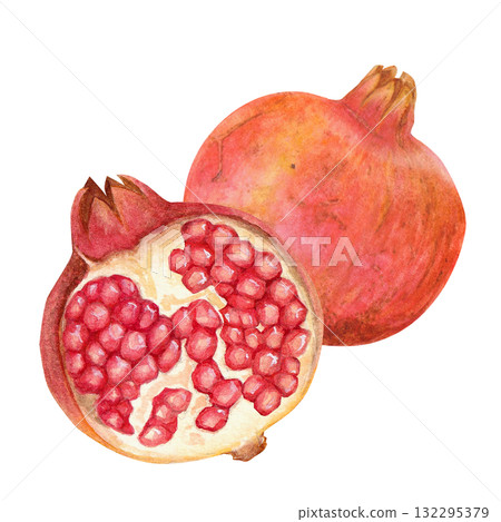 Watercolor illustration of a pomegranate fruit split in half 132295379