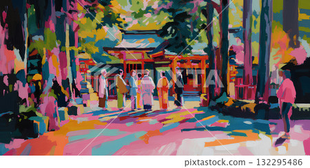 參拜神社的人們（油畫）新年的初詣神社 132295486