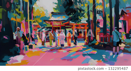 參拜神社的人們（油畫）新年的初詣神社 132295487