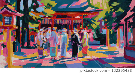 參拜神社的人們（油畫）新年的初詣神社 132295488