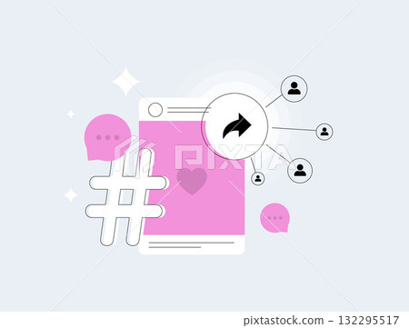 Social media sharing boost user engagement via smartphone interfaces with hashtags, hearts, forward arrows linking user networks, chat bubbles. Dynamic viral content creation. Vector illustration 132295517