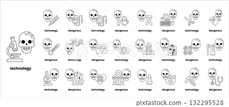 Set of illustrations in the concept of skulls and things in line art style 132295528