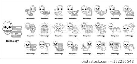 Set of illustrations in the concept of skulls and things in line art style Set of illustrations in the concept of skulls and things in line art style 132295548