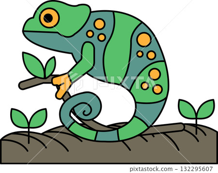 A black and white drawing of a chameleon sitting on a leaf 132295607
