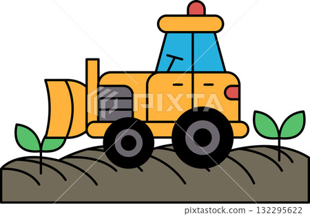 A tractor is driving through a field of crops A tractor is driving through a field of crops 132295622