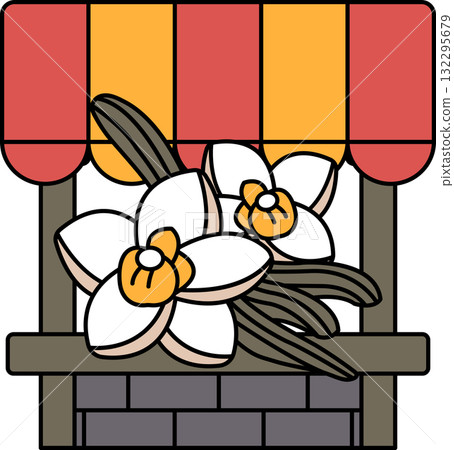 A black and white drawing of a flower arrangement with a bench in the background 132295679