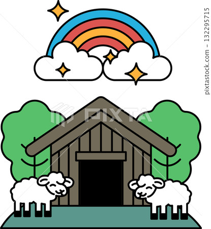 A black and white drawing of a rainbow and a house with two sheep in front of it 132295715