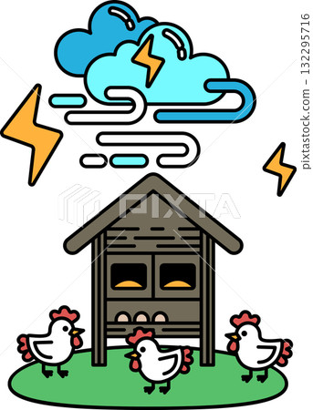 A black and white drawing of a chicken coop with three chickens and a house A black and white drawing of a chicken coop with three chickens and a house 132295716