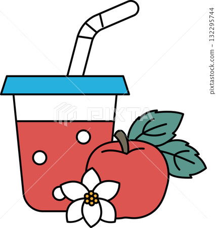 A cup of juice with a straw and a leafy green apple on top 132295744