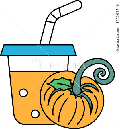 A cup of juice is next to a pumpkin 132295746