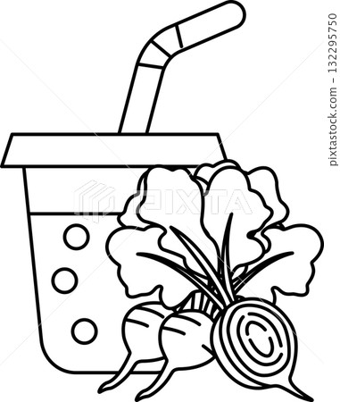 A cartoon drawing of a cup with a straw in it and a bunch of vegetables 132295750