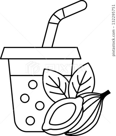 A cup of juice with a straw and a leaf on top 132295751