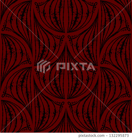 Geometric seamless pattern with ink line texture forming gothic fan shapes. Hand drawn vector line art with burgundy and black contrast. Ideal for wallpaper textile design and sketch style templates. Geometric seamless pattern with ink line texture forming gothic fan shapes. Hand drawn vector line art with burgundy and black contrast. Ideal for wallpaper textile design and sketch style templates. 132295873