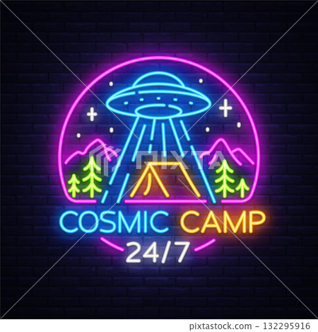 Glowing neon icon of a UFO above a camping tent with text Cosmic Camp 24 7. Night forest and mountains complete the cosmic scene. Vector illustration Glowing neon icon of a UFO above a camping tent with text Cosmic Camp 24 7. Night forest and mountains complete the cosmic scene. Vector illustration 132295916
