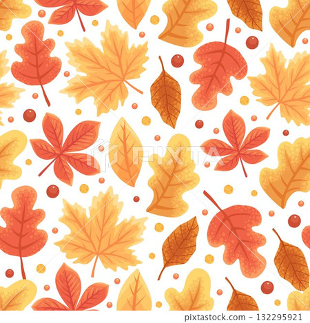 Fall leaves seamless pattern. Autumn foliage vortex repeat design. Hand drawn autumnal background. Dry maple leaf, golden yellow birch, red rowan, etc. Thanksgiving backdrop vector illustration Fall leaves seamless pattern. Autumn foliage vortex repeat design. Hand drawn autumnal background. Dry maple leaf, golden yellow birch, red rowan, etc. Thanksgiving backdrop vector illustration 132295921