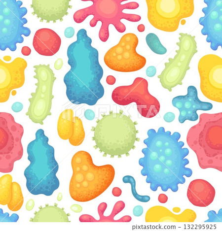 Seamless Pattern Background with Germs, Viruses, Bacteria, Microbe, Bacillus. Hand Drawn Wallpaper Repeated Microorganisms Isolated on White Background Seamless Pattern Background with Germs, Viruses, Bacteria, Microbe, Bacillus. Hand Drawn Wallpaper Repeated Microorganisms Isolated on White Background 132295925