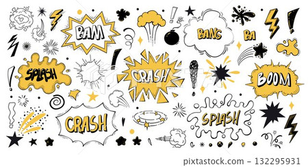 A pack of speech bubbles, comic bomb boom vector elements. Comic text sound effects set. Explosion bomb effect, splash, exclamation. Doodle text Boom, Pow, Bang, WTF, Wow. Vector illustration. Pop art 132295931