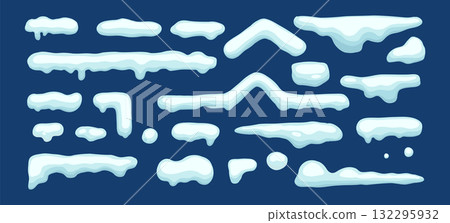 Set of white snowy cape set collection on blue background, snowdrifts set, Winter element, border frame snow decoration. cartoon flat decoration with snowflakes, icicles isolated on blue Set of white snowy cape set collection on blue background, snowdrifts set, Winter element, border frame snow decoration. cartoon flat decoration with snowflakes, icicles isolated on blue 132295932