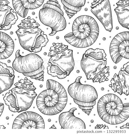 Toile de jouy seashell pattern. Colorful seamless shells and coral pattern. Perfect for greetings, invitations, manufacture wrapping paper, textile and web design. Vector ocean pattern Toile de jouy seashell pattern. Colorful seamless shells and coral pattern. Perfect for greetings, invitations, manufacture wrapping paper, textile and web design. Vector ocean pattern 132295933