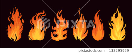 Cartoon fire. Flame of infernal fireballs, red and yellow campfire, hot wildfire and bonfire, burn power. Hellfire, burning icons isolated vector set. Fireplace or camping activity 132295939