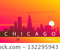 Chicago skyline in vector. Sunset over the city. Creative illustration of the Chicago cityscape and Lake Michigan, USA 132295943