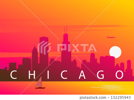 Chicago skyline in vector. Sunset over the city. Creative illustration of the Chicago cityscape and Lake Michigan, USA Chicago skyline in vector. Sunset over the city. Creative illustration of the Chicago cityscape and Lake Michigan, USA 132295943
