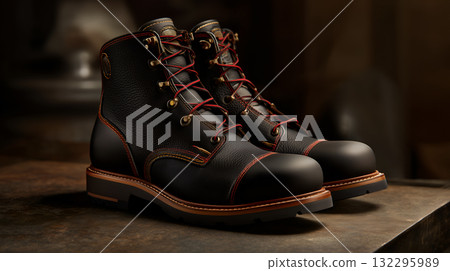 Black Leather Work Boots with Red Laces and Yellow Stitching in Industrial Setting Black Leather Work Boots with Red Laces and Yellow Stitching in Industrial Setting 132295989