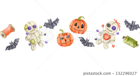 Seamless border watercolor illustration featuring pumpkins, bats, voodoo dolls, and candies, hand drawn. Excellent for Halloween product packaging, stickers, and digital invitations. Seamless border watercolor illustration featuring pumpkins, bats, voodoo dolls, and candies, hand drawn. Excellent for Halloween product packaging, stickers, and digital invitations. 132296027