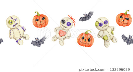 Watercolor clipart seamless border with orange pumpkins, gray bats, and beige stitched voodoo dolls, hand drawn. Suitable for Halloween packaging, digital paper, labels, and greeting card design. Watercolor clipart seamless border with orange pumpkins, gray bats, and beige stitched voodoo dolls, hand drawn. Suitable for Halloween packaging, digital paper, labels, and greeting card design. 132296029