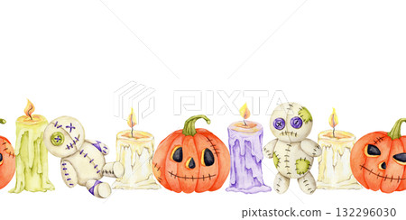 Hand drawn watercolor illustration with pumpkins, candles, and cute stitched voodoo dolls in a seamless border. Great for Halloween stationery, fabric design, banners, and digital invitations. Hand drawn watercolor illustration with pumpkins, candles, and cute stitched voodoo dolls in a seamless border. Great for Halloween stationery, fabric design, banners, and digital invitations. 132296030