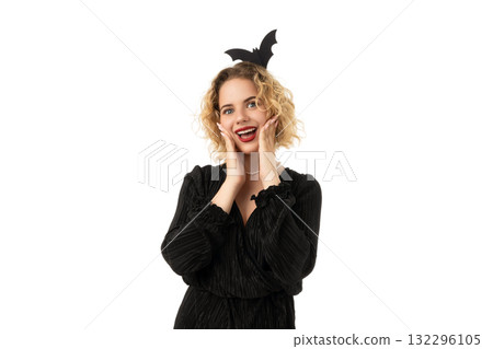 Woman excited for Halloween fun, isolated on white, PNG 132296105