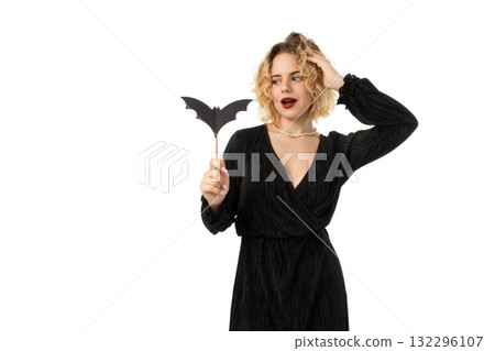 Woman in black with wavy hair holds bat, isolated on white, PNG 132296107