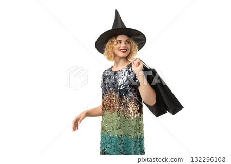 Woman in sequined Halloween costume, isolated on white, PNG Woman in sequined Halloween costume, isolated on white, PNG 132296108