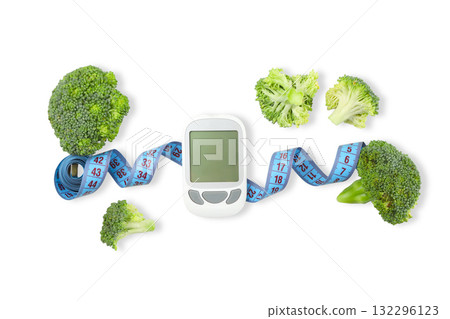 Glucose meter surrounded by broccoli and measuring tape, isolated, PNG Glucose meter surrounded by broccoli and measuring tape, isolated, PNG 132296123