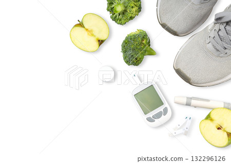 Healthy food and fitness gear for diabetes care, isolated, PNG 132296126