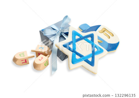 Hanukkah cookies and wooden dreidels with a gift box, isolated, PNG Hanukkah cookies and wooden dreidels with a gift box, isolated, PNG 132296135