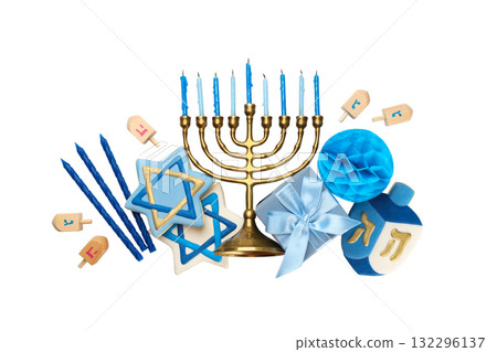 Bright Hanukkah decor: menorah and dreidels, isolated, PNG Bright Hanukkah decor: menorah and dreidels, isolated, PNG 132296137