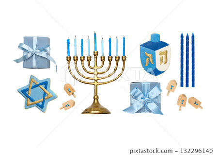 Menorah with blue candles and dreidel gifts, isolated, PNG 132296140