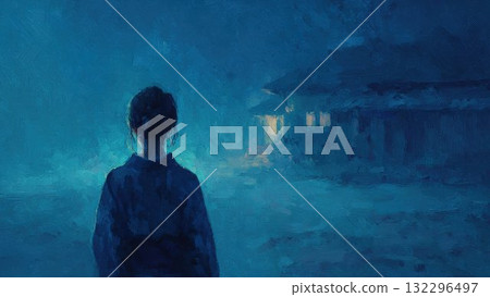 藍色夜色房屋與女人背影油畫風格插畫靜謐的夜景 132296497